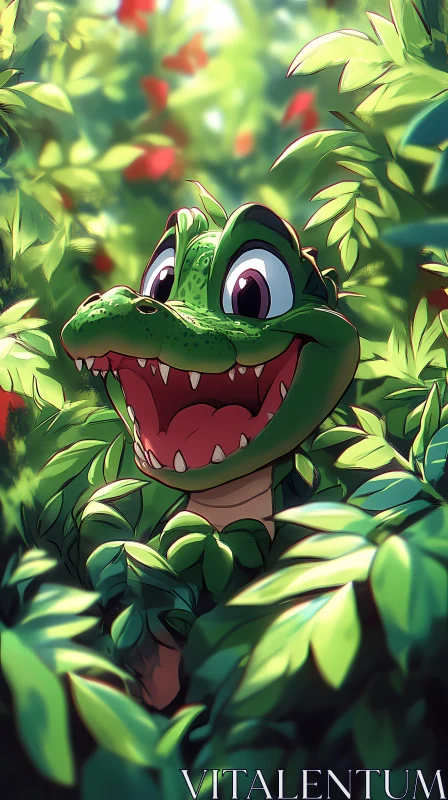 Cheerful Crocodile among Jungle Leaves