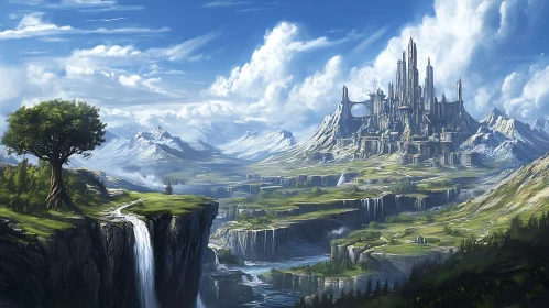 Scenic Mountain View with Castle and Waterfalls