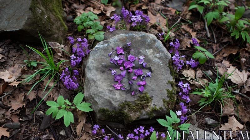 Moss-Covered Rock and Purple Flowers in Enchanting Forest AI Image