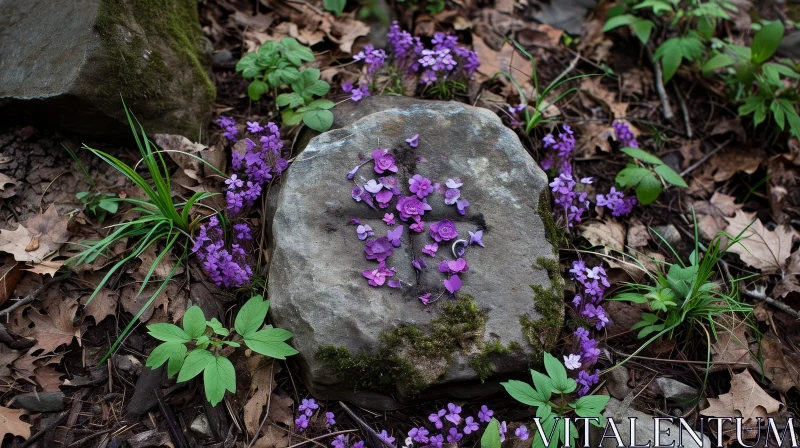 Moss-Covered Rock and Purple Flowers in Enchanting Forest