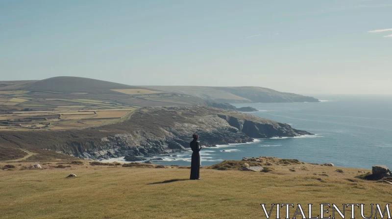 Peaceful Woman on Cliff Overlooking the Sea
