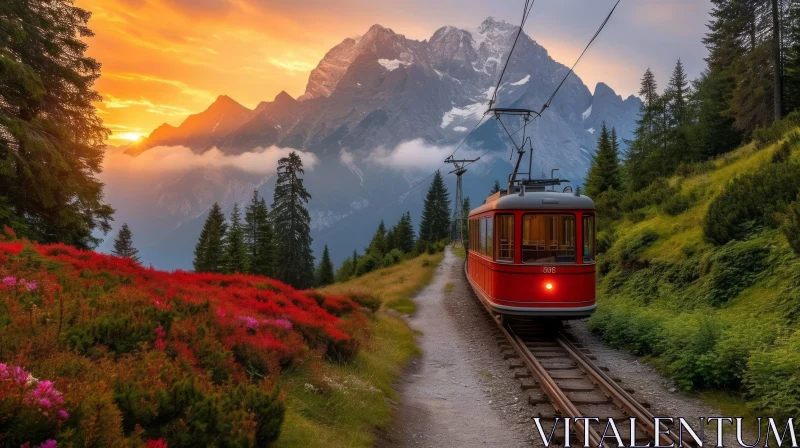 Red Train in the Majestic Alps: A Romantic Landscape AI Image