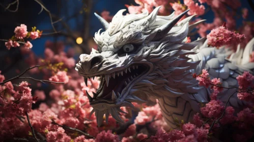 White Dragon Amidst Cherry Blossoms - Unreal Engine Illustration