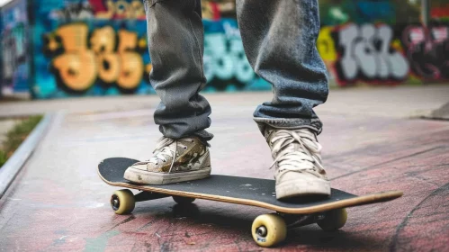Youthful Protagonists: Skateboard Feet on Graffiti Wall