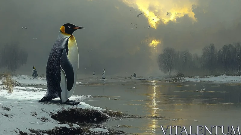 Golden Sunset with Penguin AI Image