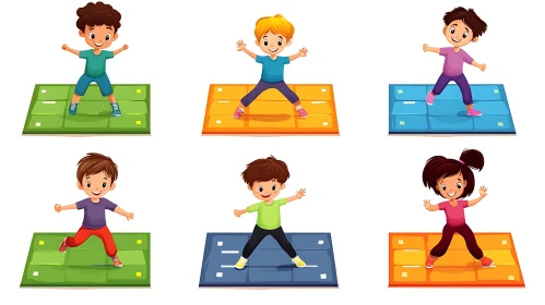 Cartoon Kids Exercising on Colorful Mats