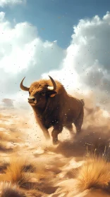 Bull in Motion Over Desert Terrain