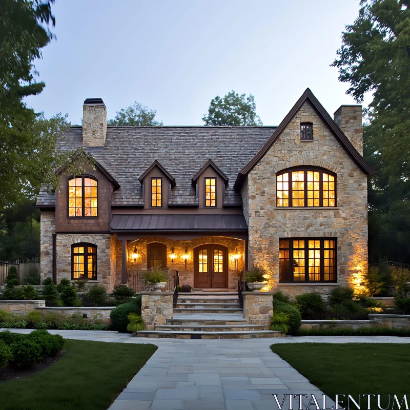 Beautifully Lit Stone House in the Evening AI Image