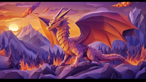 Dragon in Geometric Sunset Landscape