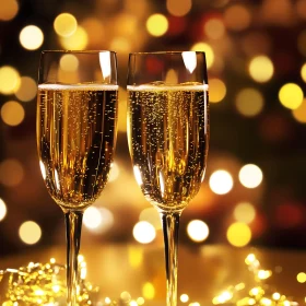 Festive Champagne Flutes with Bokeh Lights