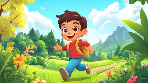 Cartoon Boy's Cheerful Run Through Green Fields