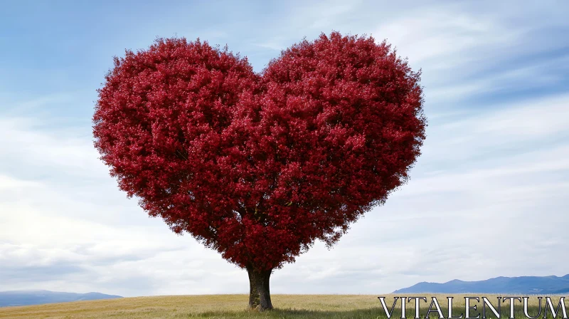 Red Heart-Shaped Tree Landscape AI Image