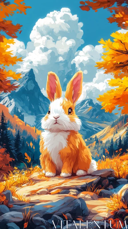 AI ART Charming Rabbit Amidst Autumn Leaves and Mountains