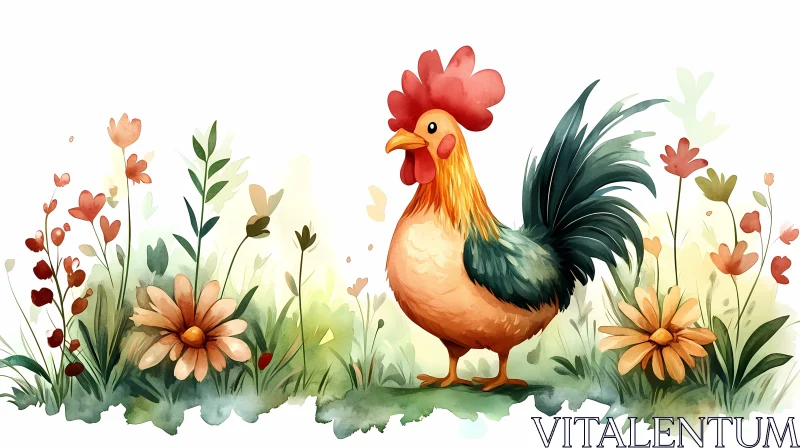 AI ART Watercolor Rooster and Floral Scenery