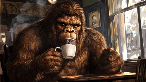 Contemplative Sasquatch with Coffee Cup