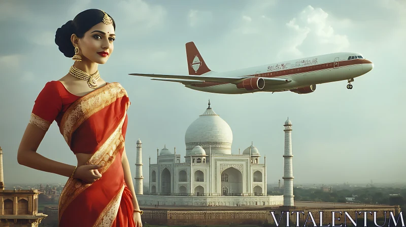 Indian Beauty and Flight Over Taj Mahal AI Image