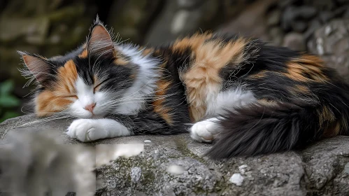 Tranquil Calico Cat Sleeping Outdoors