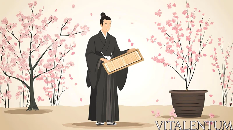 Man in Kimono with Cherry Blossoms AI Image