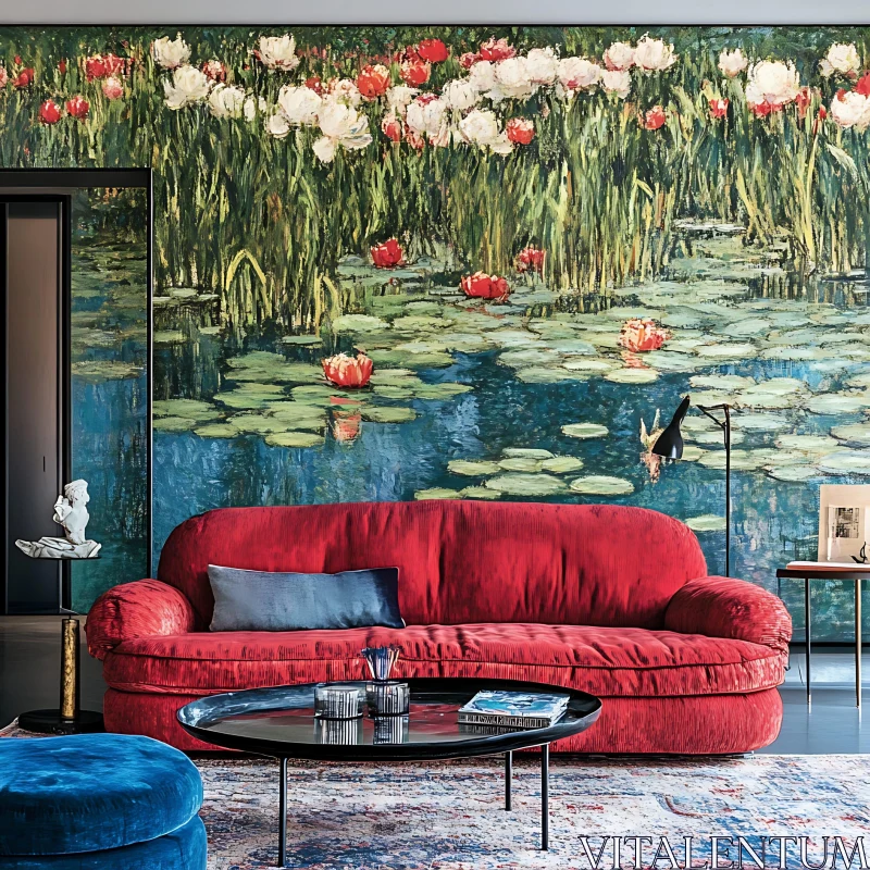 AI ART Red Sofa in Artistic Living Room with Water Lily Wall Mural