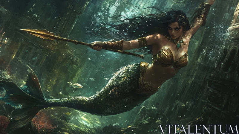 Underwater Mermaid Warrior with Spear AI Image