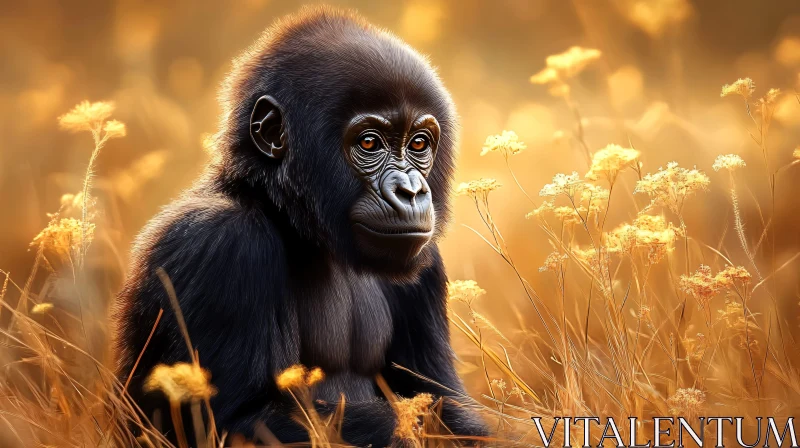 Serene Gorilla in Sunlit Field AI Image