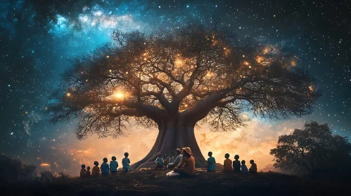 Children Gather Under the Cosmic Tree