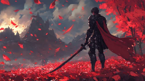 Armored Warrior in Crimson Landscape