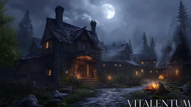 Village under the moonlight AI Image