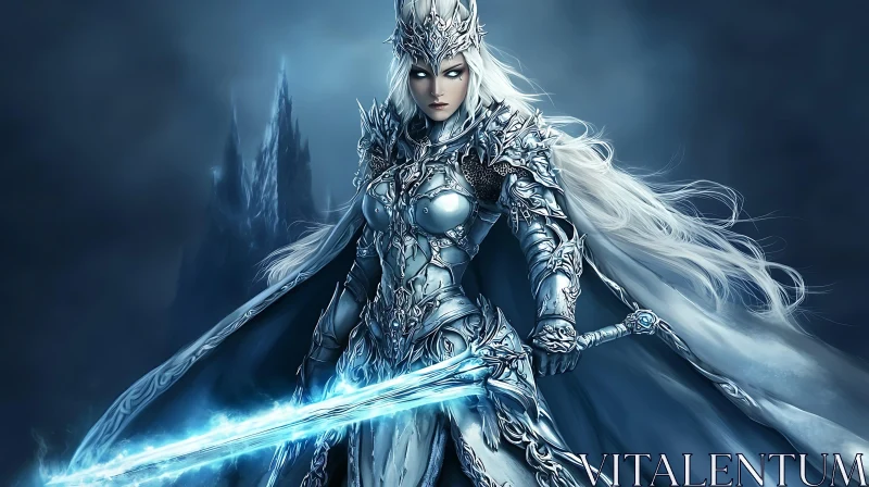 AI ART Fantasy Warrior Queen in Silver Armor