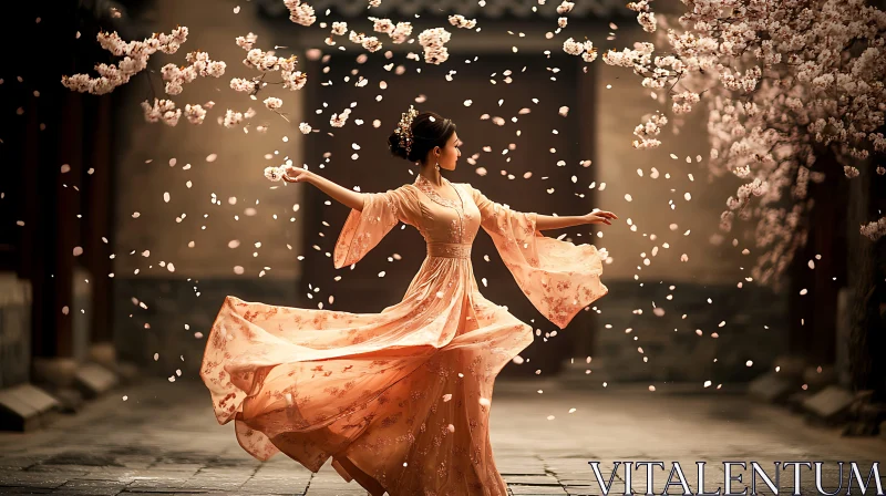 Peach Dress Dance in Floral Rain AI Image