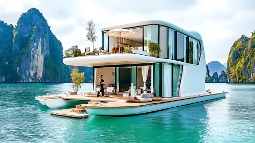 Stylish Floating House in Serene Waters Amidst Majestic Cliffs