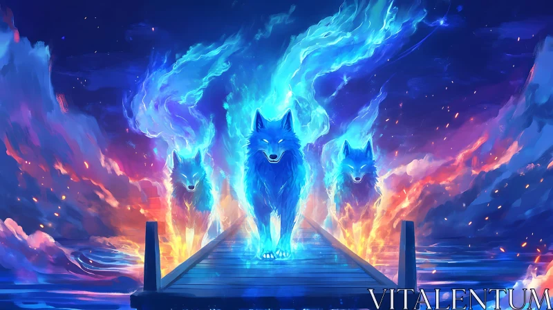 Mystical Fiery Wolves in a Night Fantasy Setting AI Image