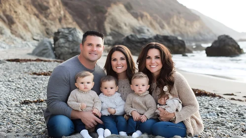 Seaside Family Moment with Three Babies