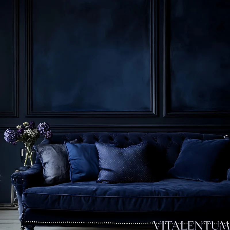 Dark Blue Living Room Interior with Velvet Sofa AI Image