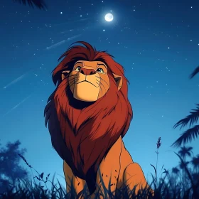 Cartoon Lion Under Moonlight