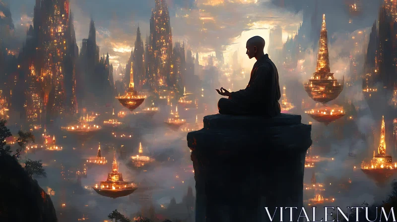 AI ART Meditative Monk Overlooking Floating City