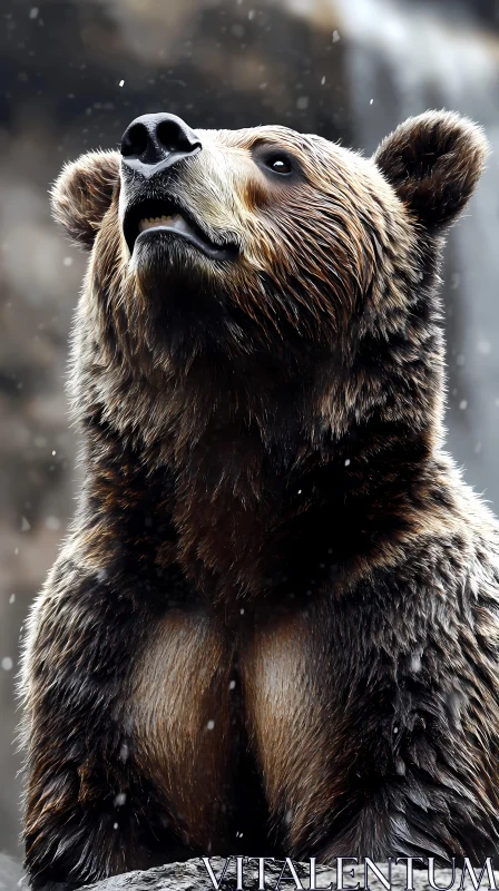 Contemplative Bear Amid Falling Snow AI Image