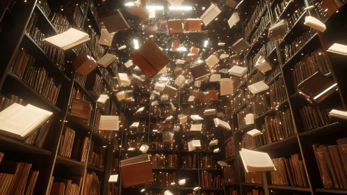 Books Floating in Library Art