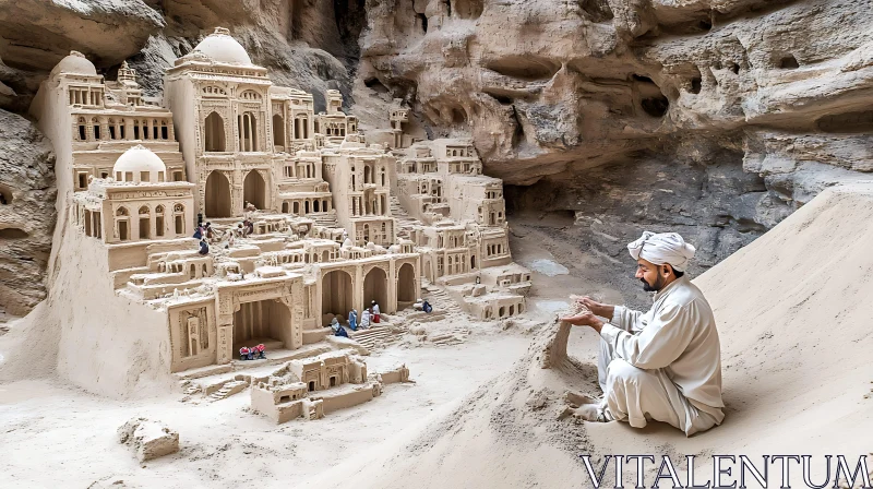 Elaborate Sandcastle Construction in Cave Setting AI Image