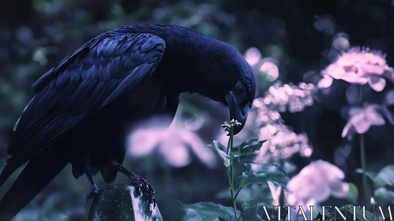 Elegant Raven Amongst the Flowers AI Image