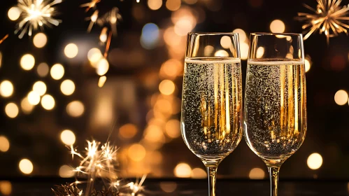 Sparkling Champagne Glasses with Bokeh Lights