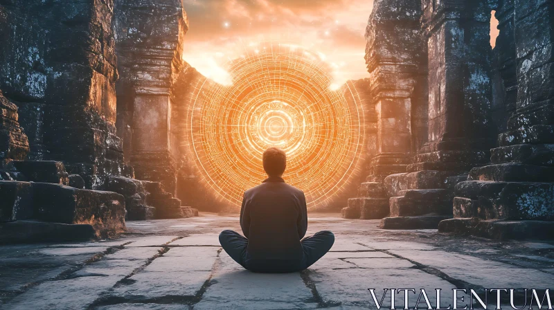 Meditator at Ancient Temple Portal AI Image