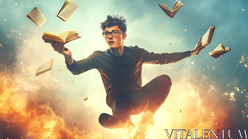 Floating Books and Man in Sky AI Image