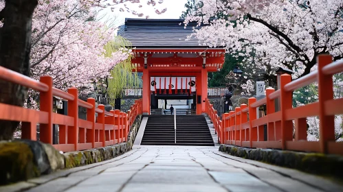 Japanese Temple with Blooming Cherry Blossoms