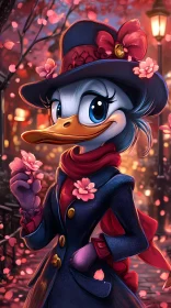 Whimsical Duck in Evening Blossom Scene