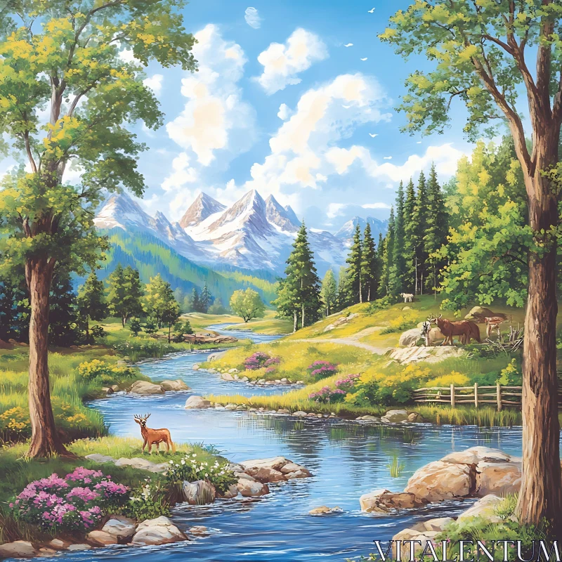 Scenic Nature View with Deer and Horses AI Image