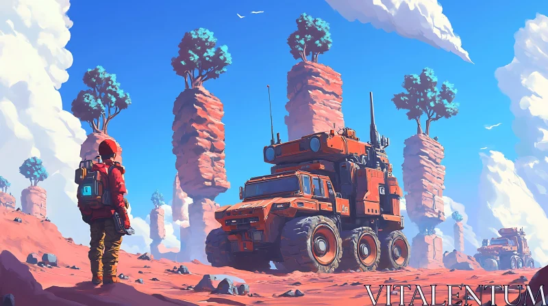 AI ART Surreal Desert Expedition with Vehicle
