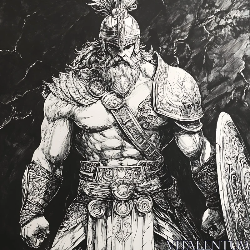 AI ART Armored Warrior Drawing - Black and White