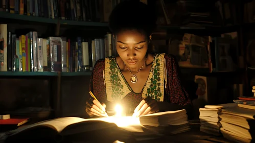 Woman Studying in Candlelight