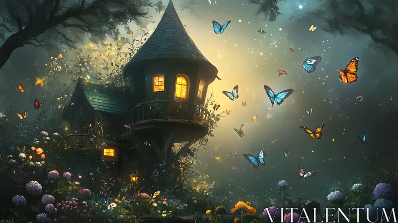 AI ART Whimsical Butterfly Garden Treehouse Scene